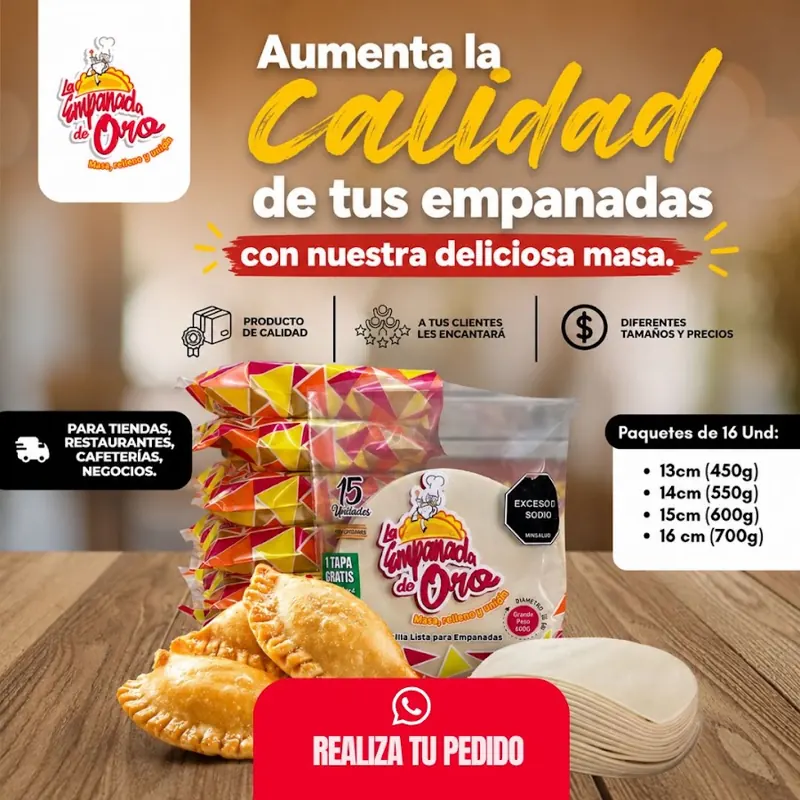 Pieza creada para Empanadas de Oro: Anuncio de masa para empanadas con presentaciones por tamaño
