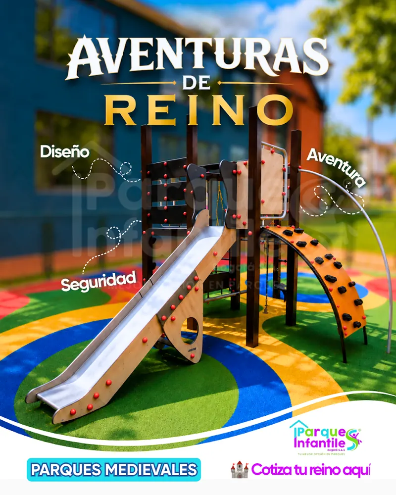 Pieza creada para Parques Infantiles Bogotá: Anuncio de la línea de parques medievales con tobogán y escalada