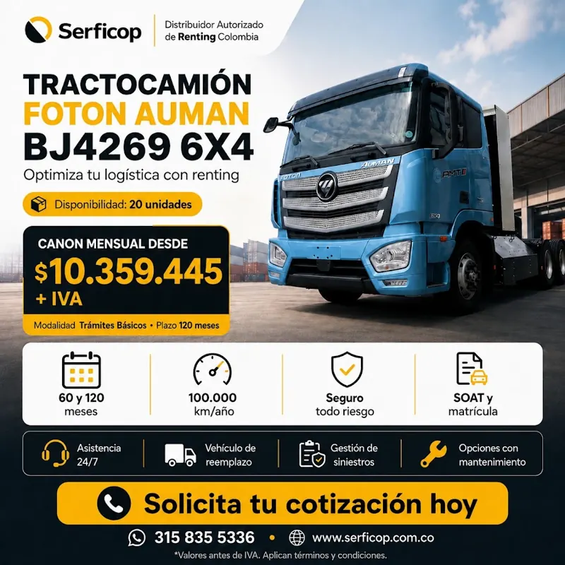Pieza creada para Serficop: Anuncio de renting de un tractocamión con canon mensual y llamado a cotizar