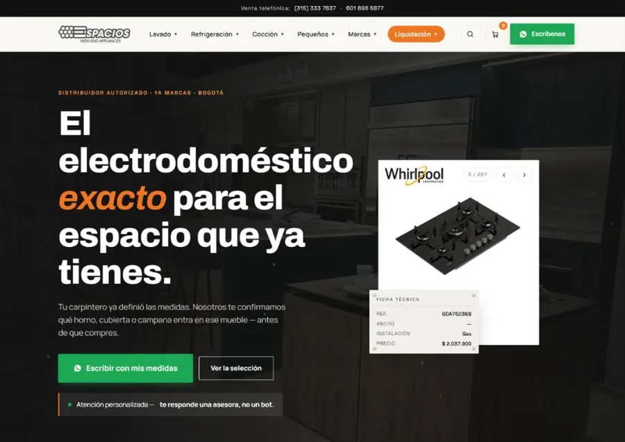 Página de inicio del sitio web de Espacios High End Appliances