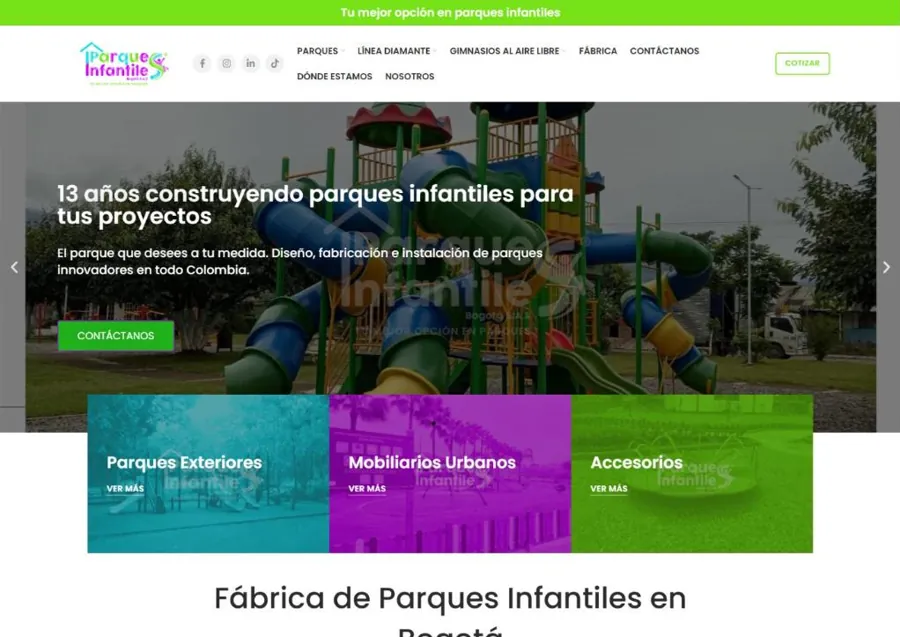 Página de inicio del sitio web de Parques Infantiles Bogotá